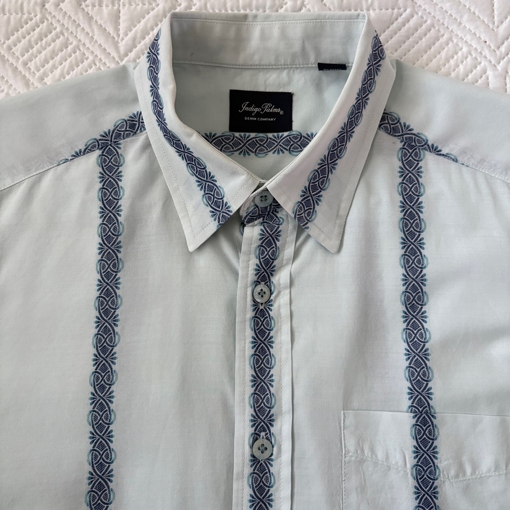 Indigo Palms Tommy Bahama Mens Long Sleeve Printed Guayabera Shirt 100% Cotton L